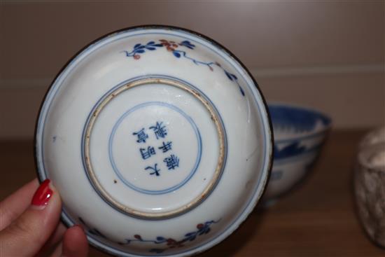 A Chinese underglaze blue and copper red saucer dish and a Chinese blue and white bowl bowl diameter 15cm